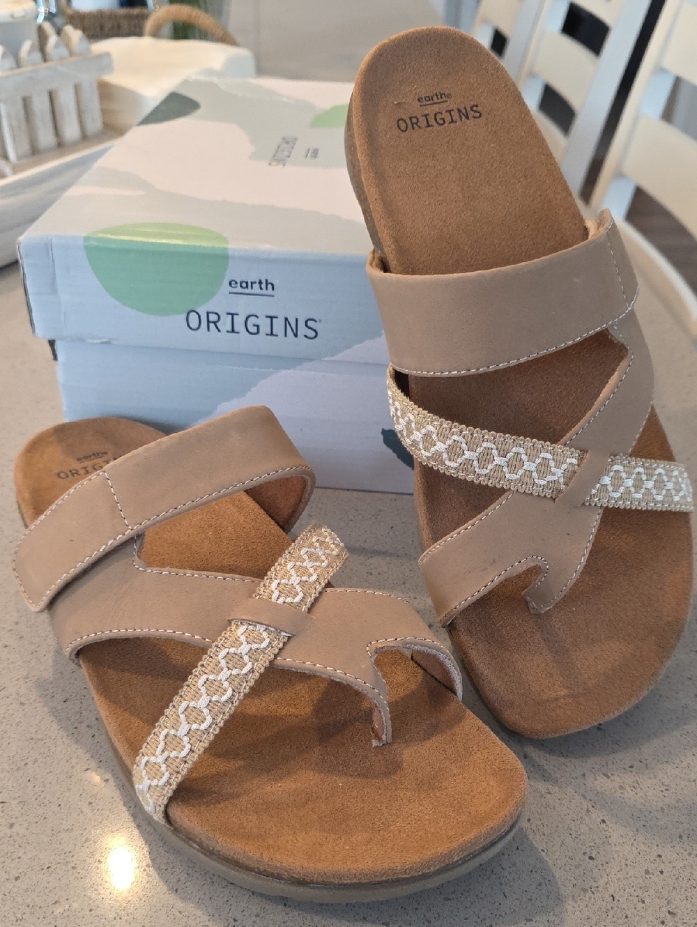 Earth Origins Taupe Beige Braided-Strap Slide Sandals